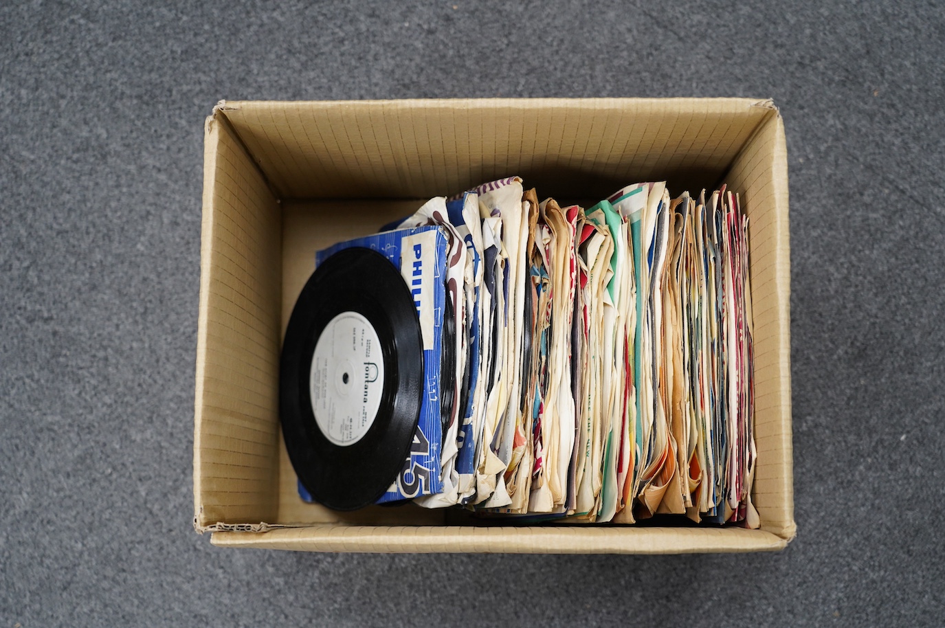 Eighty 7” singles, all with printed demo labels (some also with printed release date), record labels include; Fontana, HMV, CBS, Parlophone, Stateside, Decca, United Artists, Columbia, Chess, etc. Artists include; Johnny